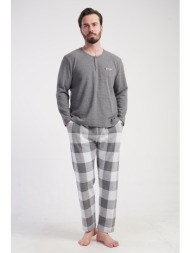 vienetta man ανδρική χειμερινή πυτζάμα φούτερ με πατιλέτα και καρό παντελόνι-501026