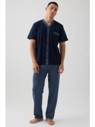 minerva ανδρική κοντομάνικη βαμβακερή πυτζάμα κουμπωτή με μακρύ παντελόνι-71328-200