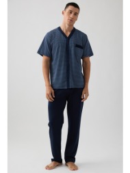 minerva ανδρική κοντομάνικη βαμβακερή πυτζάμα κουμπωτή με μακρύ παντελόνι-71328-381
