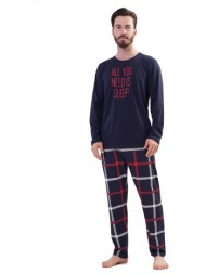 vienetta man ανδρική χειμερινή πυτζάμα `all i need is sleep` με καρό παντελόνι-204185b