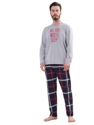 vienetta man ανδρική χειμερινή πυτζάμα `all i need is sleep` με καρό παντελόνι-204185