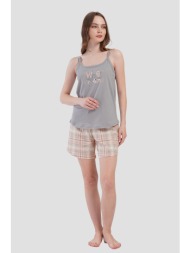 vienetta γυναικεία καλοκαιρινή βαμβακερή πυτζάμα με καρό σορτσάκι και λεπτή τιράντα-408486b
