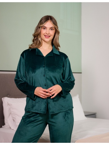 γυναικεία πυτζάμα βελούδινη με κουμπιά plus size - κυπαρισσί σε προσφορά