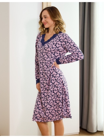 γυναικεία νυχτικιά μακρυμάνικη με καρδιές ριπ - λιλά σε προσφορά