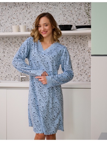 γυναικεία νυχτικιά μακρυμάνικη με καρδιές - σιέλ σε προσφορά