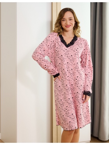 γυναικεία νυχτικιά μακρυμάνικη με καρδιές - ροζ σε προσφορά
