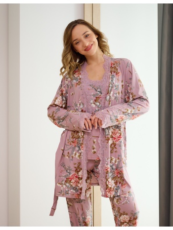 γυναικείο σετ πυτζαμάκια με ρομπάκι φλοράλ - ροζ σε προσφορά