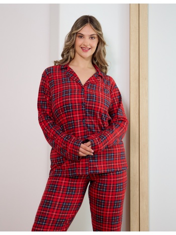 γυναικεία πυτζάμα καρό με κουμπιά plus size - μπορντώ σε προσφορά