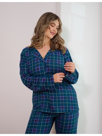 γυναικεία πυτζάμα καρό με κουμπιά plus size - κυπαρισσί σε προσφορά