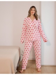 γυναικεία πυτζάμα με καρδιές και κουμπιά plus size - ροζ