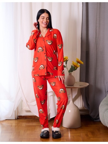 γυναικεία πυτζάμα με κουμπιά με αρκουδάκια - καρπούζι σε προσφορά
