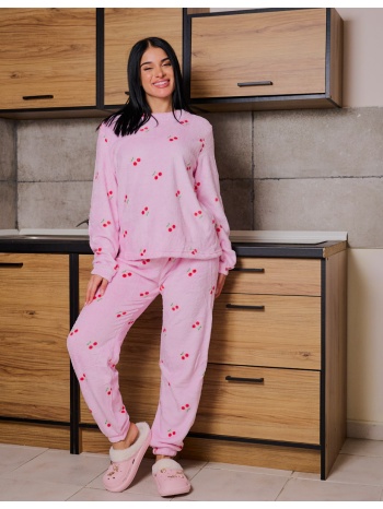 γυναικεία πυτζάμα γούνινη λεπτή με κερασάκια - ροζ σε προσφορά