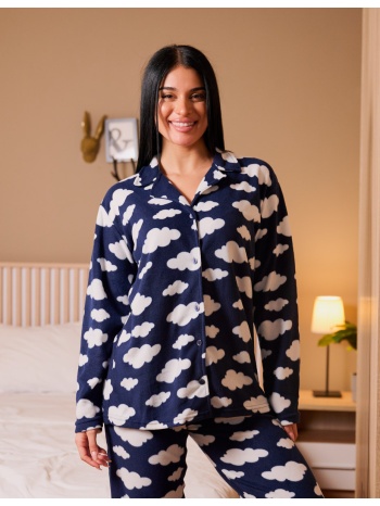 γυναικεία πυτζάμα fleece με κουμπιά - μπλέ σε προσφορά