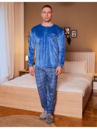 ανδρική πυτζάμα βελούδινη με καρό παντελόνι - μπλέ