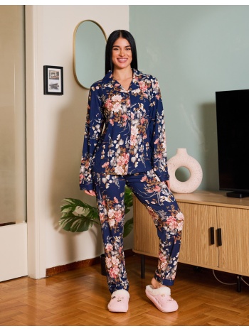 γυναικεία πυτζάμα φλοράλ με κουμπιά ριπ - μπλέ σε προσφορά