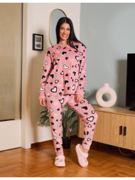 γυναικεία πυτζάμα βελούδινη με καρδιές - ροζ