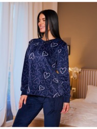 γυναικεία πυτζάμα βελούδινη με καρδιές - μπλέ