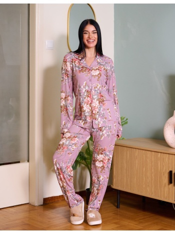 γυναικεία πυτζάμα φλοράλ με κουμπιά ριπ - ροζ σε προσφορά