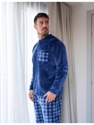 ανδρική πυτζάμα γούνινη με καρό παντελόνι - μπλέ