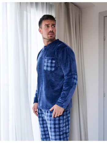 ανδρική πυτζάμα γούνινη με καρό παντελόνι - μπλέ σε προσφορά