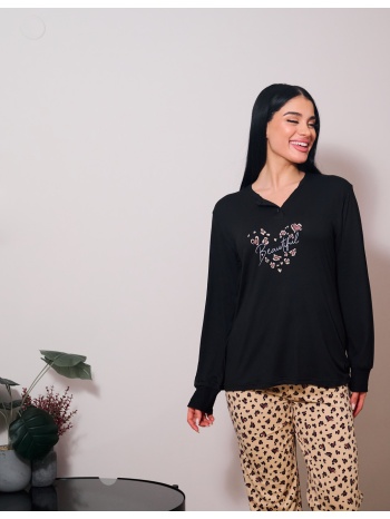 γυναικεία πυτζάμα με λεοπάρ παντελόνι - μαύρο σε προσφορά