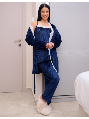 γυναικείοσετ πυτζαμάκια με ρομπάκι βελούδινο ριπ - μπλέ σε προσφορά