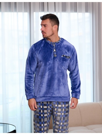 ανδρική πυτζάμα γούνινη με καρό παντελόνι - μπλέ ελεκτρίκ σε προσφορά
