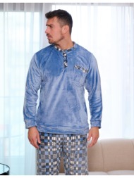 ανδρική πυτζάμα γούνινη με καρό παντελόνι - σιέλ