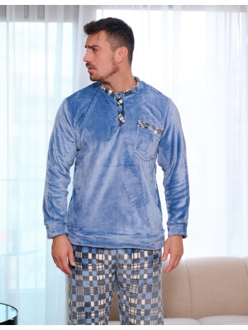 ανδρική πυτζάμα γούνινη με καρό παντελόνι - σιέλ σε προσφορά