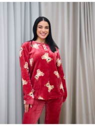 γυναικεία πυτζάμα βελούδινη με αρκουδάκια - κόκκινο