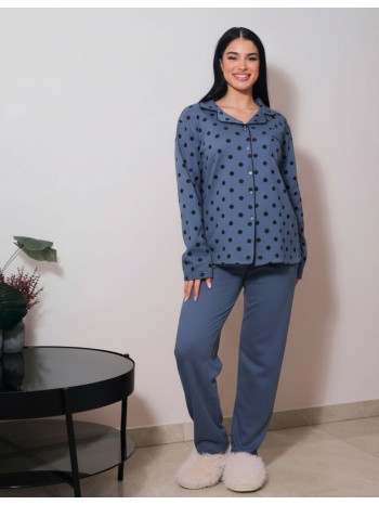 γυναικεία πυτζάμα πουά με κουμπιά - μπλέ σε προσφορά