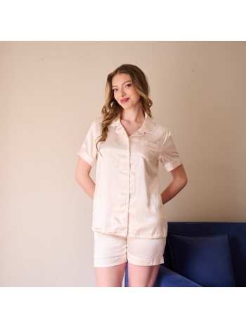 γυναικεία πυτζάμα σατέν με κουμπιά - μπέζ σε προσφορά