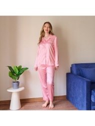 γυναικεία πυτζάμα σατέν ριγέ με κουμπιά - ροζ