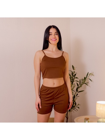 γυναικεία πυτζάμα καλοκαιρινή ριπ μονόχρωμη - καφέ σε προσφορά
