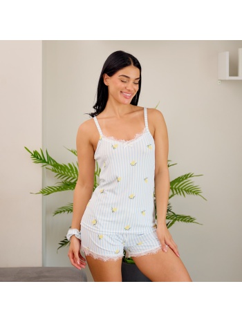γυναικεία πυτζάμα ριγέ με λεμόνια και scrunchie - σιέλ σε προσφορά