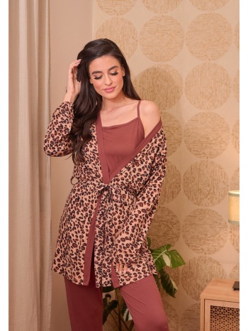 γυναικείο σετ πυτζαμάκια με ρομπάκι λεοπάρ - καφέ σε προσφορά