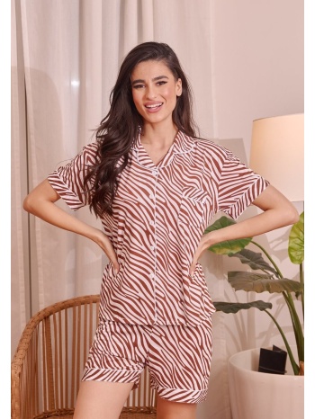 γυναικεία πυτζάμα καλοκαιρινή με κουμπιά zebra - καφέ σε προσφορά