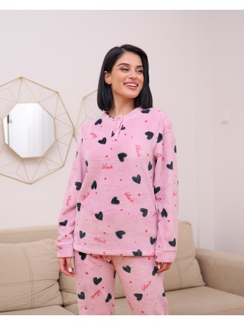γυναικεία πυτζάμα βελούδινη με καρδούλες - ροζ σε προσφορά