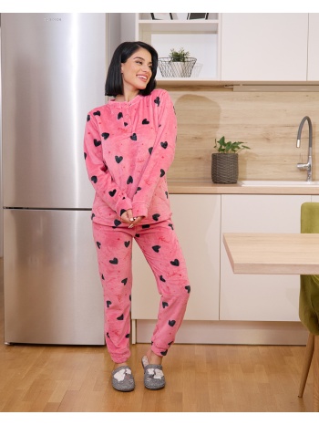 γυναικεία πυτζάμα βελούδινη με καρδούλες - φούξ σε προσφορά