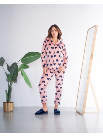 γυναικεία πυτζάμα βελούδινη με κουμπιά - ροζ σε προσφορά