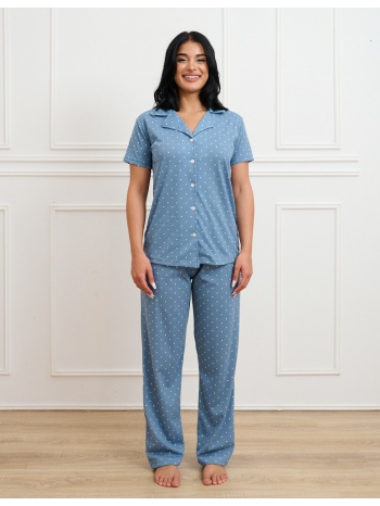 γυναικεία πυτζάμα με κουμπιά πουά - σιέλ σε προσφορά