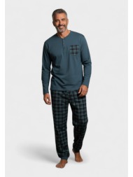 ανδρική βαμβακερή πιτζάμα interlock collection checkblue cl261310-2-πετρόλ