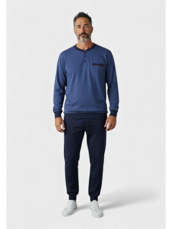 ανδρική βαμβακερή φούτερ πιτζάμα collection μπλε με κουμπί σε προσφορά