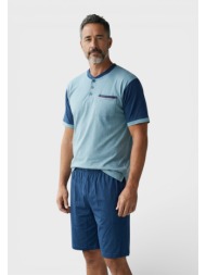 ανδρική πιτζάμα καλοκαιρινή collection 100% βαμβάκι με δύο παντελόνια μπλε cl2692-1-1-μπλε