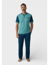 ανδρική πιτζάμα καλοκαιρινή collection 100% βαμβάκι με δύο παντελόνια πετρόλ cl2692-12-πετρόλ