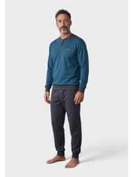 ανδρική πιτζάμα φούτερ collection με κουμπιά 65% βαμβάκι πετρόλ cl2730-65-πετρόλ