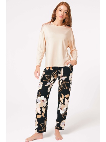 πιτζάμα γυναικεία anil viscose με σχέδιο στους ώμους εκρού σε προσφορά