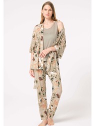 πιτζάμα σετ γυναικεία με ρόμπα anil viscoze floral λαδί 5797anl-olive green