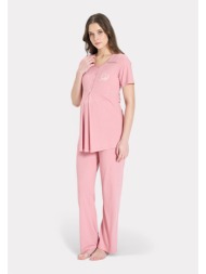 pijadore πιτζάμα εγκυμοσύνης – ροζ με κουμπιά & εμπριμέ family logo pjdr1850-1-ροζ