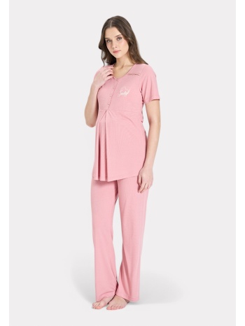 pijadore πιτζάμα εγκυμοσύνης – ροζ με κουμπιά & εμπριμέ σε προσφορά